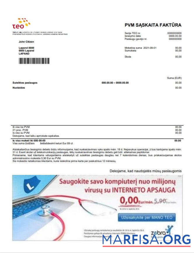 Blank Lithuania Teo utility bill template in Word and PDF format (.doc and .pdf)